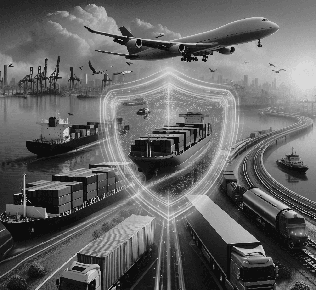 The image shows different transportation means behind a shield symbolizing protected supply chains.